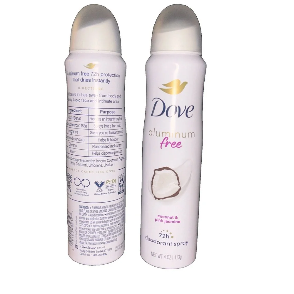 2PK Dove 0% Aluminum Deodorant Spray ~ Coconut & Pink Jasmine ~ 4 OZ EACH ~